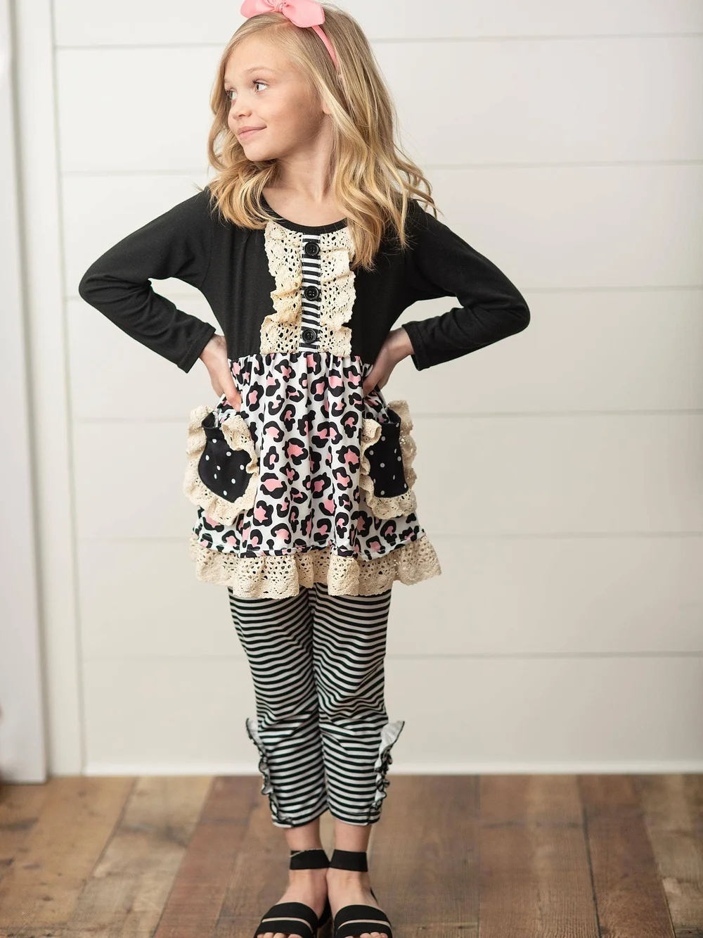 Girls Black & Pink Leopard Lace Trim Matching Set